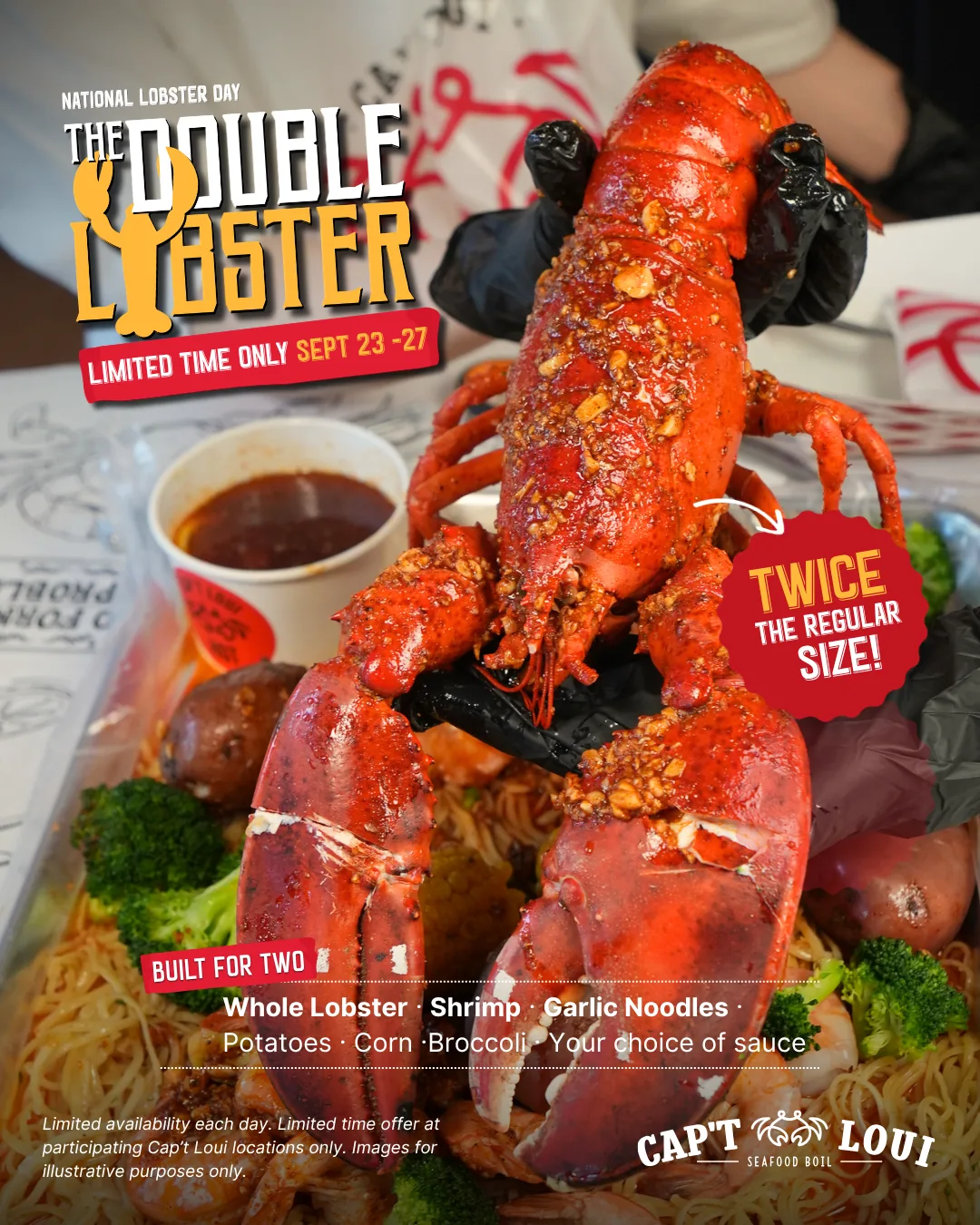 National Lobster Day poster for The Double Lobster, a lobster twice the regular size, built for two with shrimp, garlic noodles, potatoes, corn, broccoli, and a choice of sauce; available September 23–27 in limited quantities at participating Cap't Loui locations